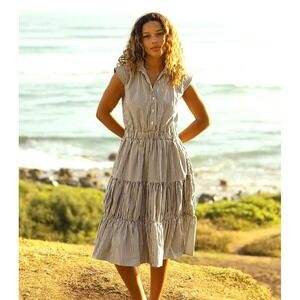 NWT ALBION Eden Dress Navy Stripe Tiered Button Front Shirt Dress XL Cap Sleeves